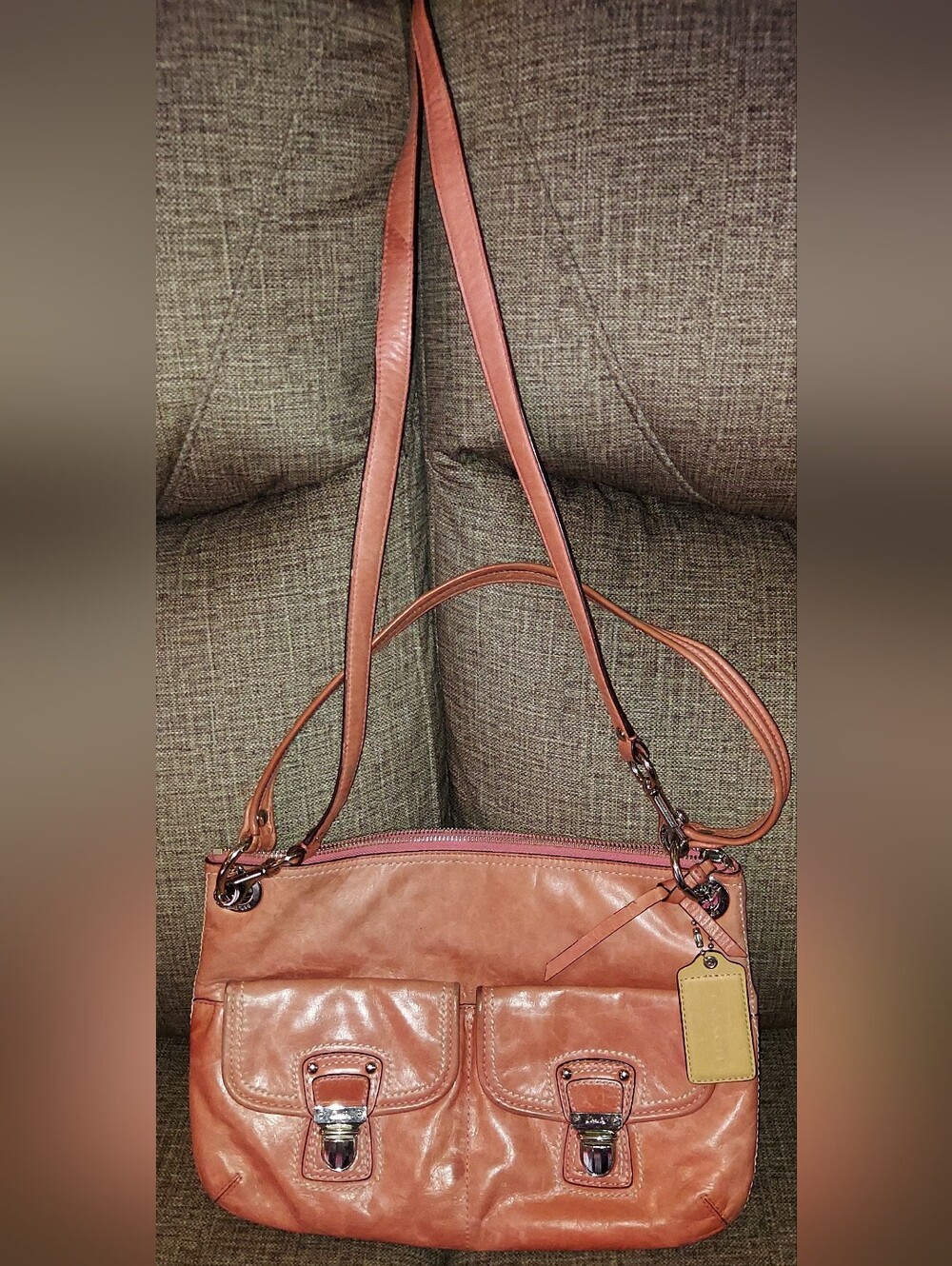 Coach Leather Shoulder Bag in Coral with Dual Front Pockets